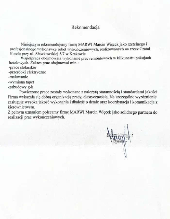 Rekomendacja z Grand Hotelu dla Marcina Więcek